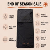 Opened black Luscent infrared sauna blanket with sale details and benefits for heat, recovery, sleep and relaxation
