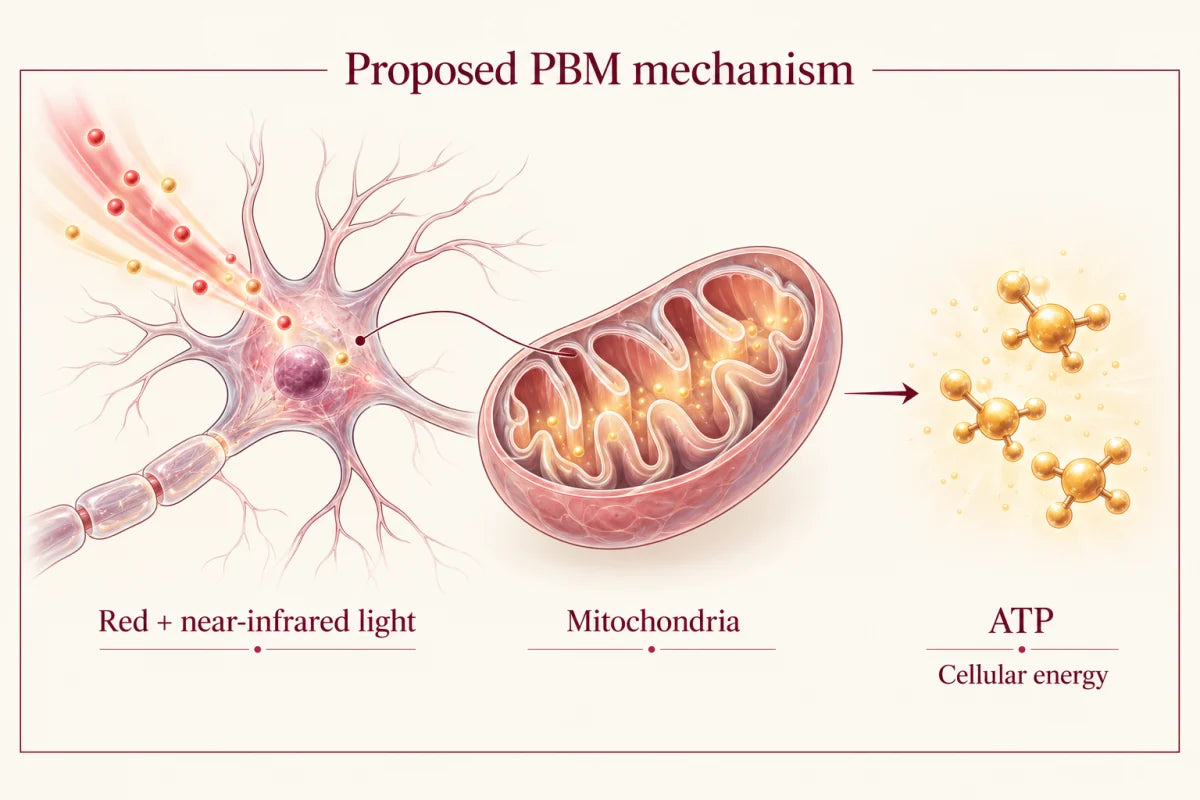 Three-stage schematic of light interacting with a nerve cell, mitochondria and ATP production