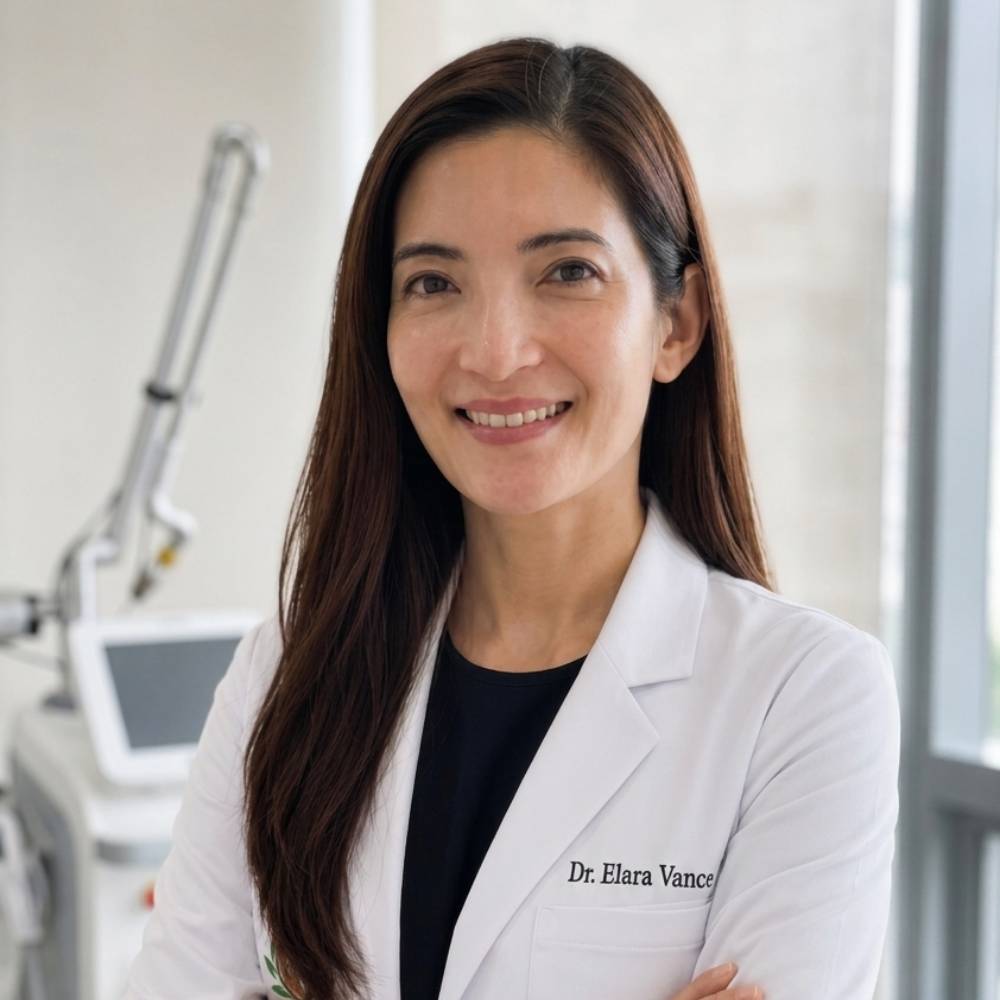 Woman in a white lab coat with 'Dr. Elara Vance' on it, standing in a medical setting.