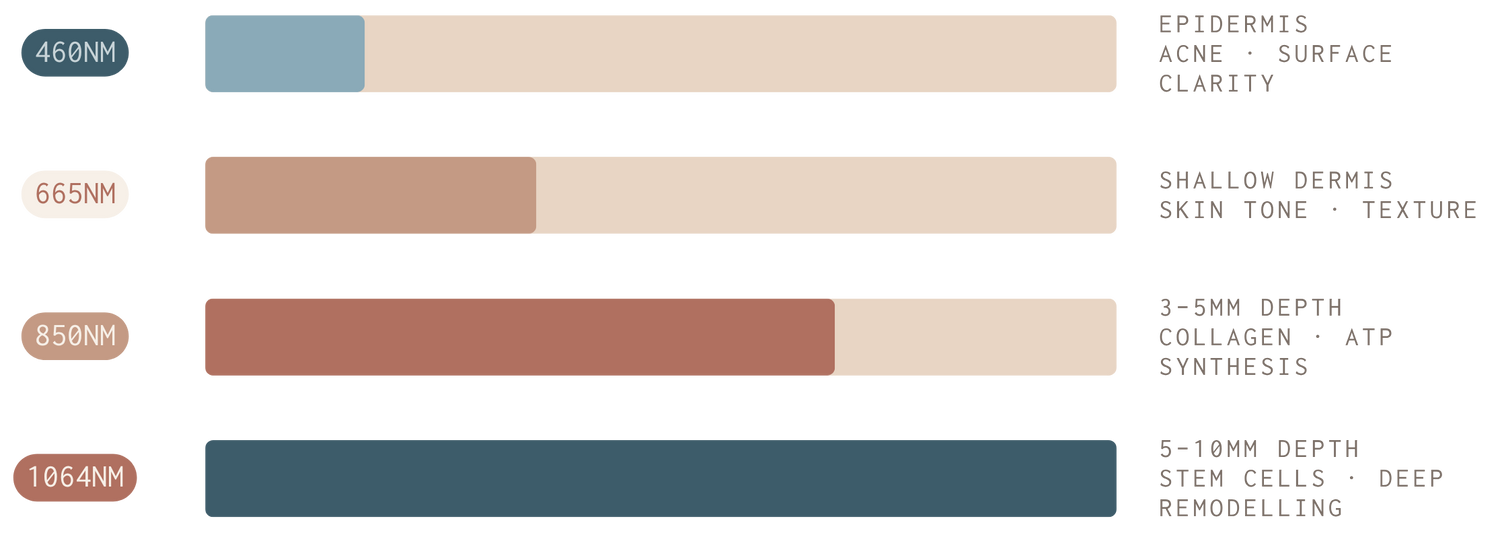 Bar chart showing skin analysis at different wavelengths with labels for each wavelength.