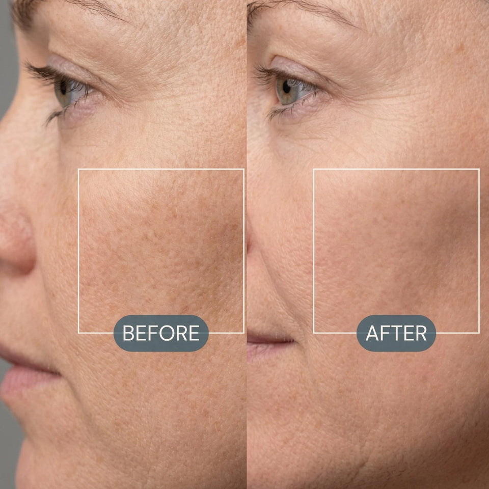 Before and after cheek photos showing smoother-looking skin and pores