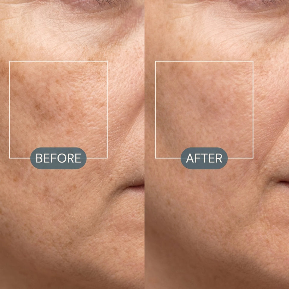 Before and after cheek photos showing a more even-looking skin tone