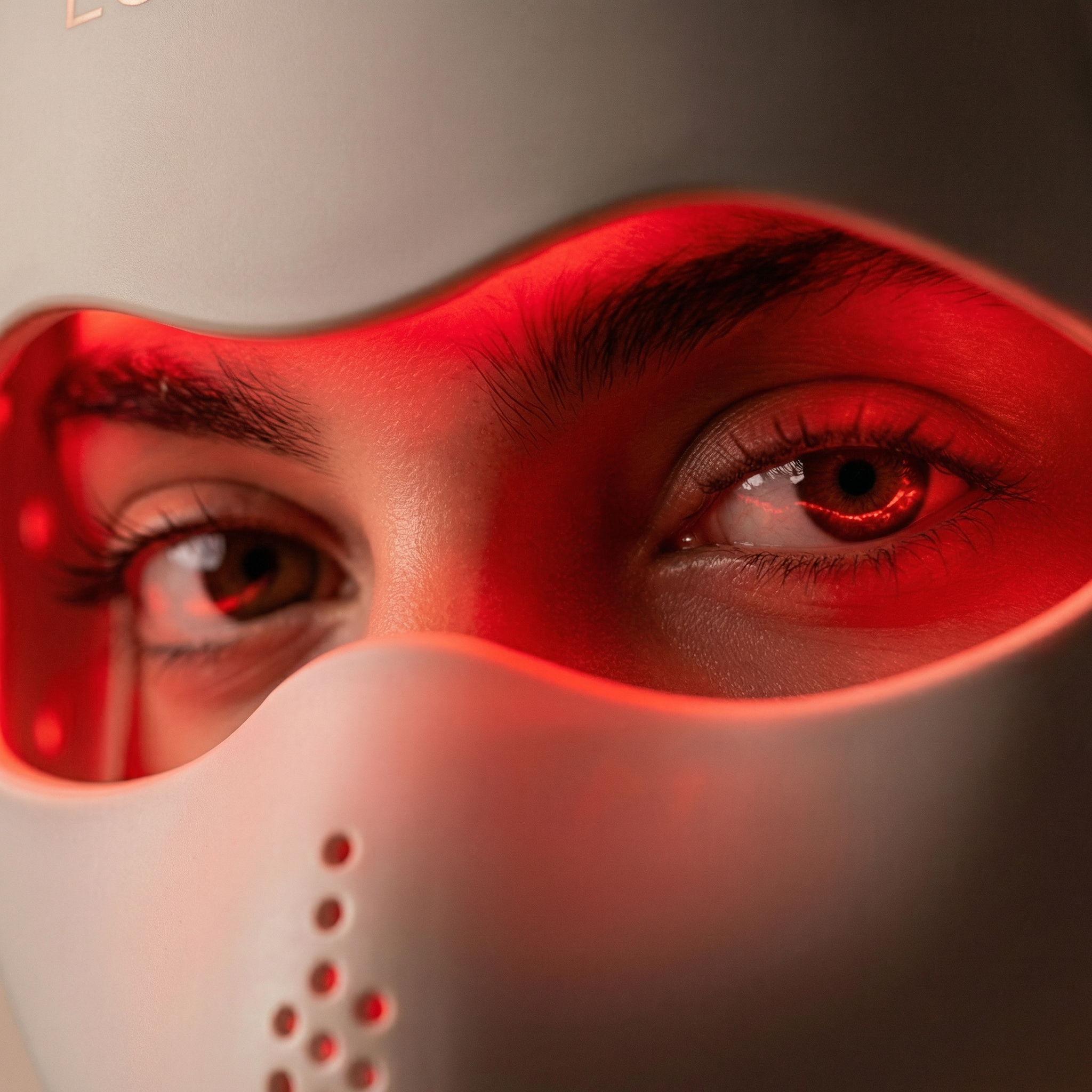 Close-up of a person wearing a futuristic mask with red lighting.