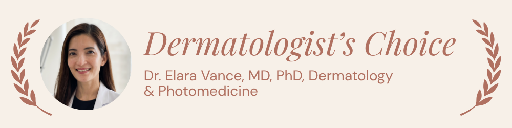 Dermatologist's Choice banner with a portrait of a woman and text about Dr. Elara Vance, MD, PhD.