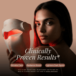 Woman holding a Luxent device with text about clinically proven results on a brown background