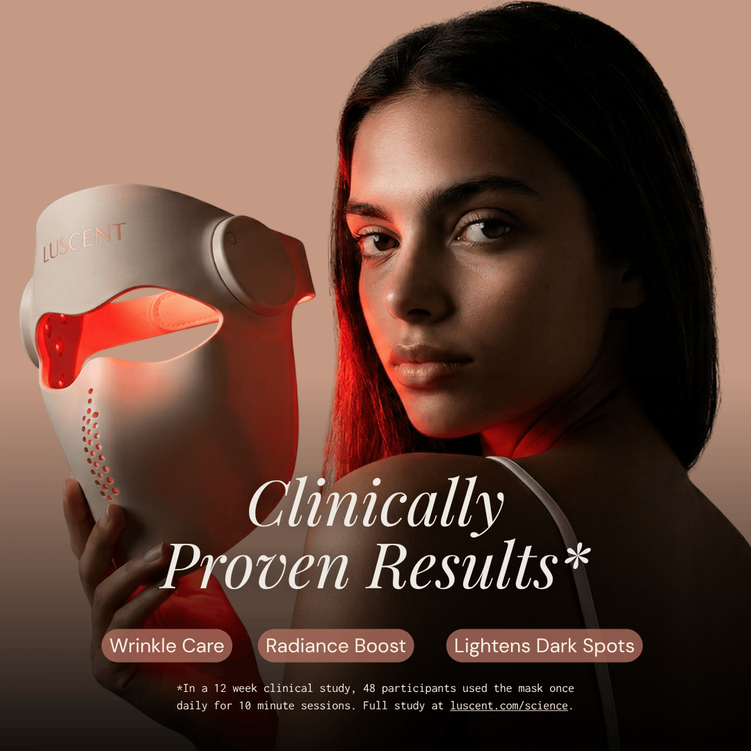 Woman holding a Luxent device with text about clinically proven results on a brown background