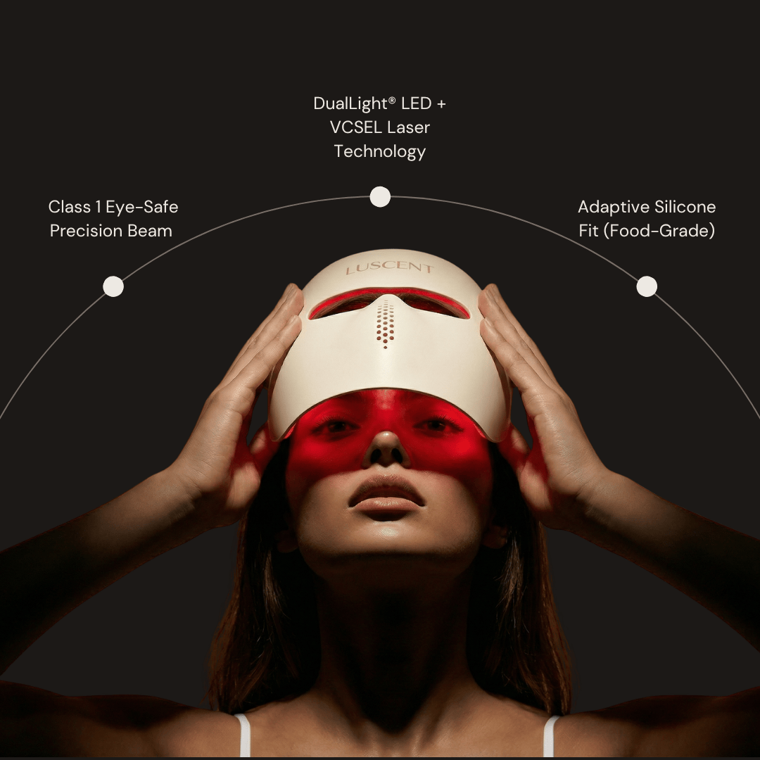 Woman wearing a white mask with red accents, held by hands, on a dark background with text about technology.
