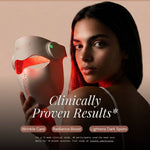 Woman holding a Luscent led red light therapy mask with text about clinically proven results on a beige background