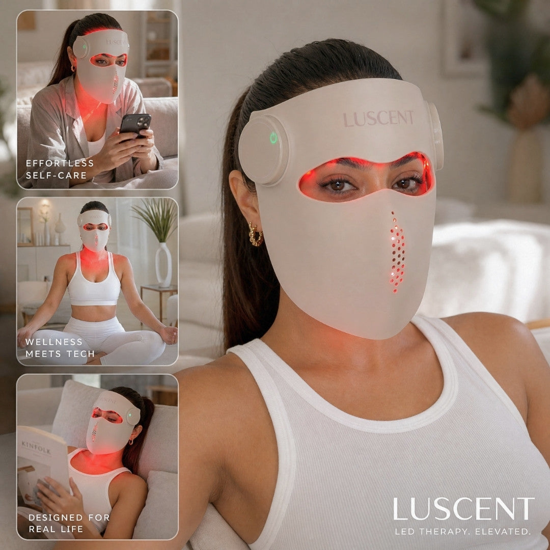 Woman wearing a Luscent Light therapy mask in a home setting with lifestyle images.