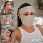Woman wearing a Luscent LED therapy mask in a home setting with lifestyle images.