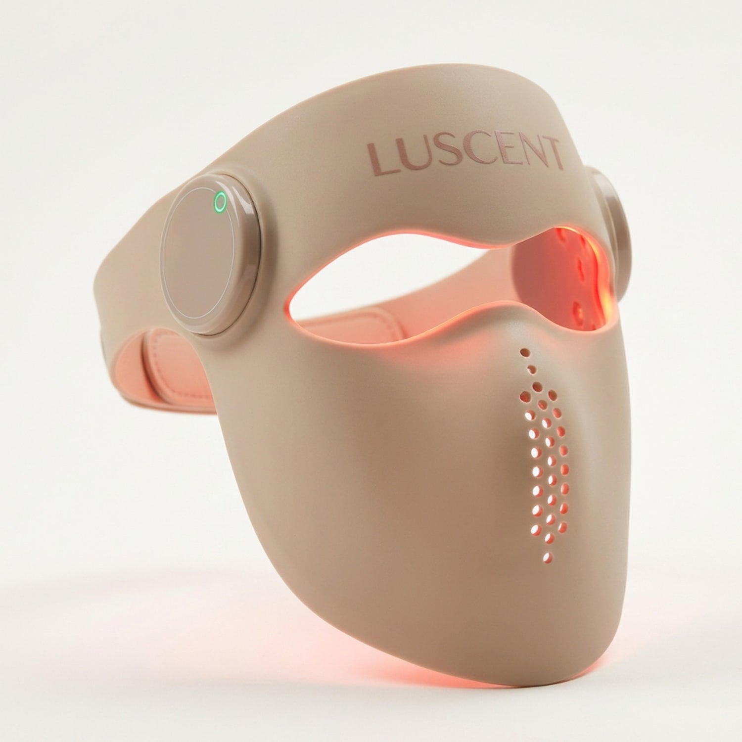 Beige Red Light Therapy LED face mask with 'Luscent' branding on a white background