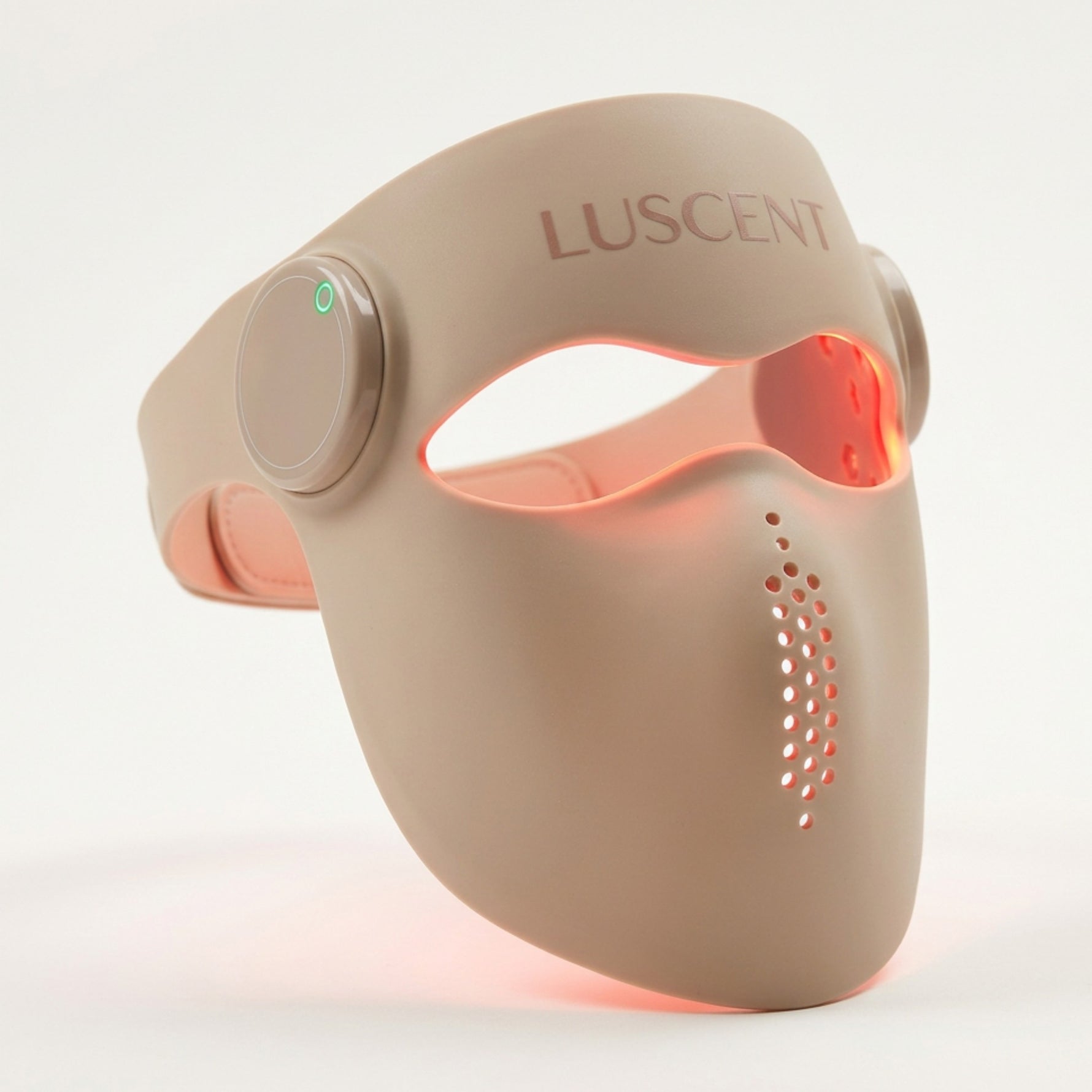 Beige Red Light Therapy LED face mask with 'Luscent' branding on a white background