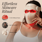 Woman wearing a skincare device with text highlighting features on a beige background