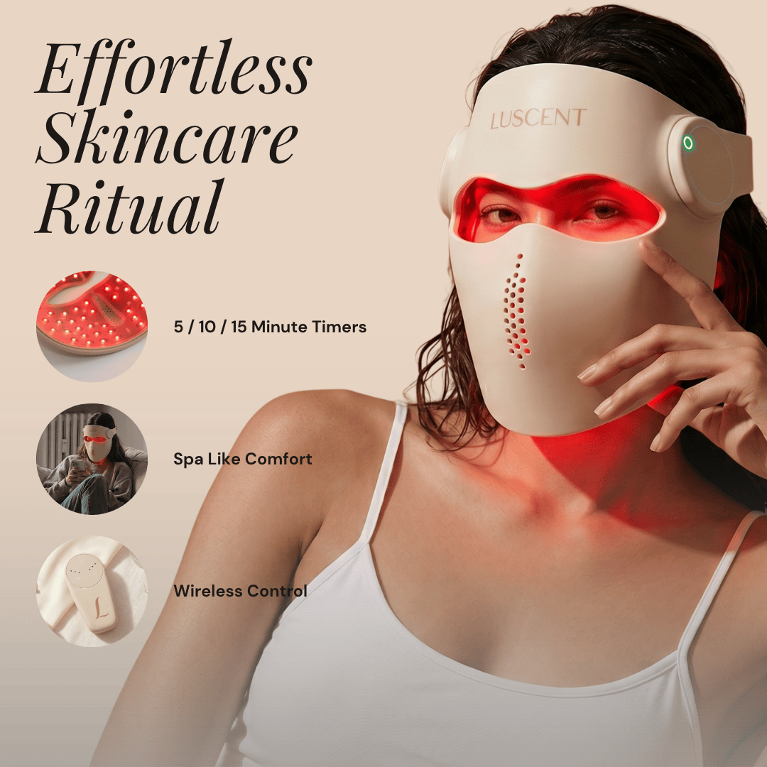 Woman wearing a skincare device with text highlighting features on a beige background