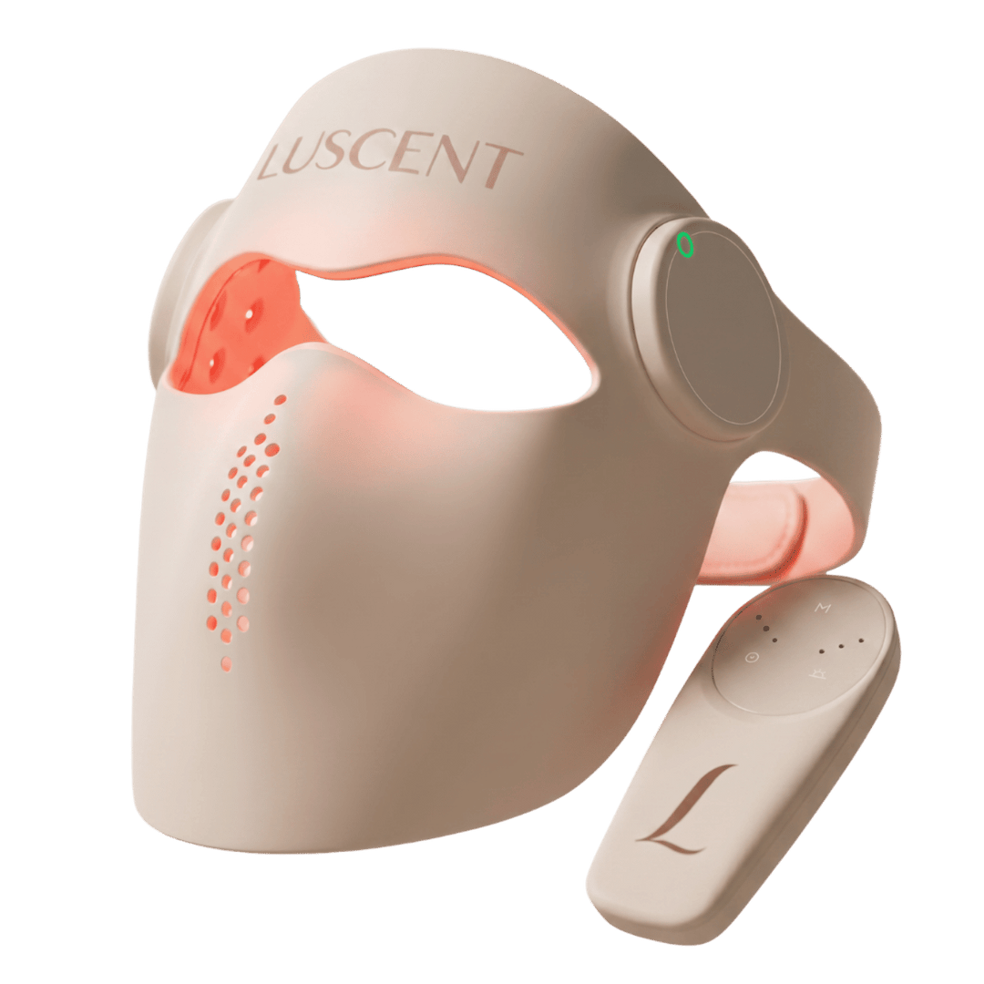 Beige Luscent Red Light Therapy LED Laser Face Mask with a remote control on a transparent background