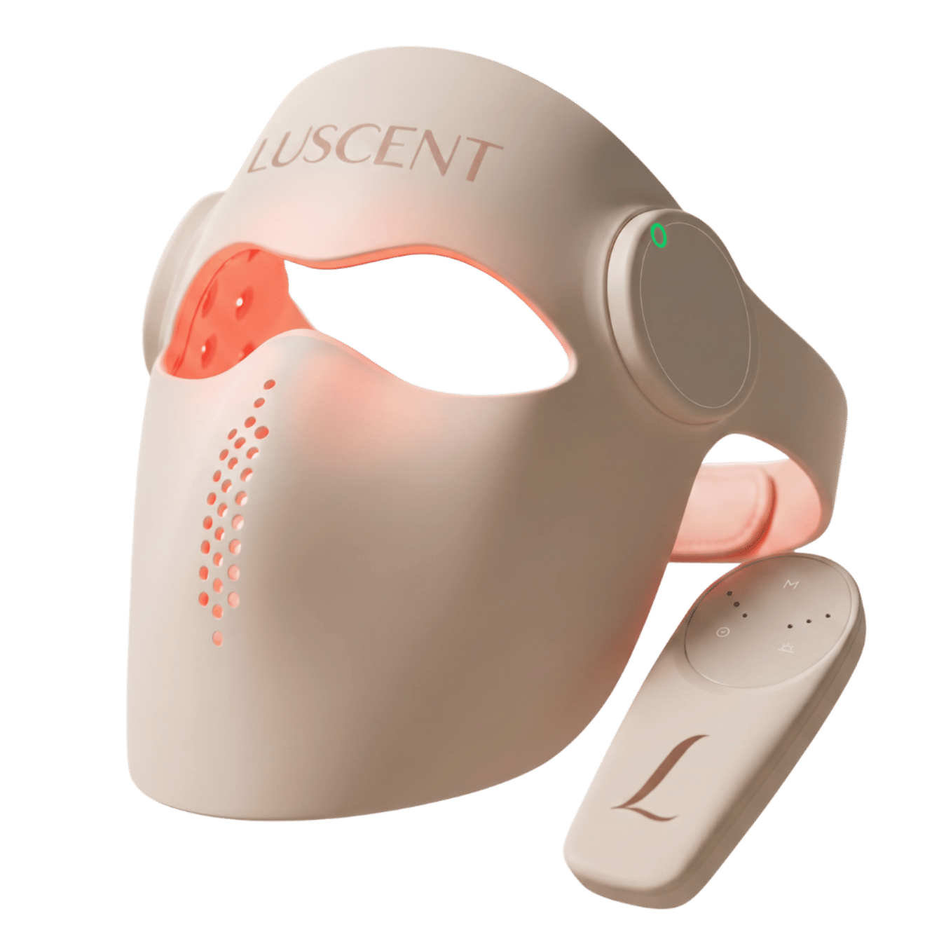 Beige Luscent Red Light Therapy LED Laser Face Mask with a remote control on a transparent background