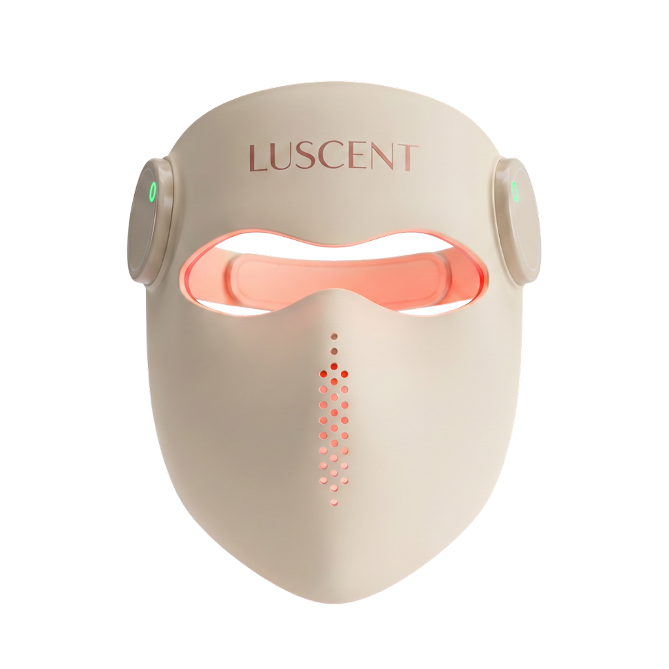 Beige LED Light Therapy face mask with 'Luscent' branding on a transparent background