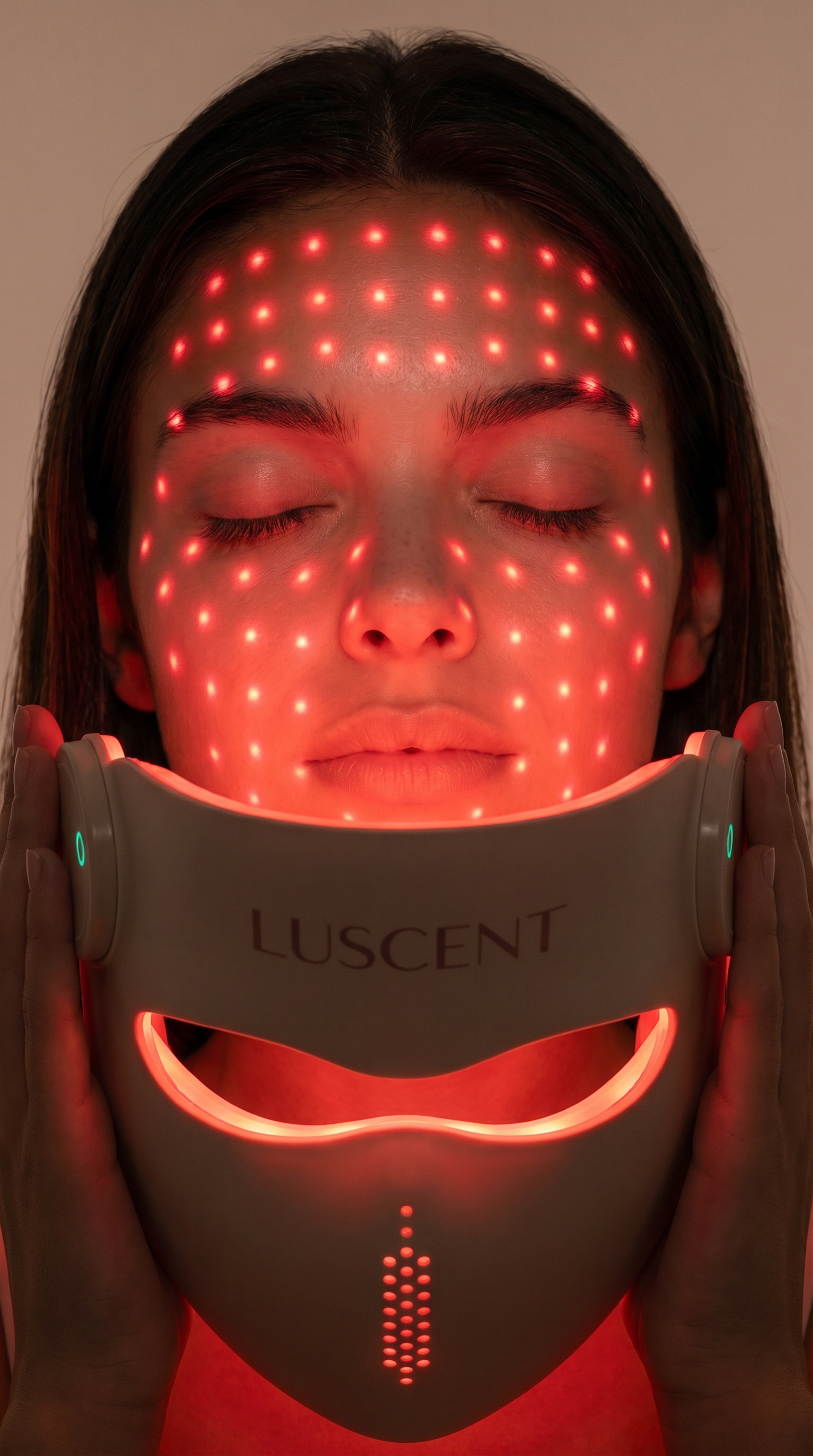 Person wearing a Luscent LED face and neck mask with red light.