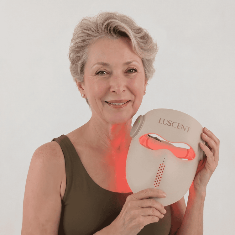 Woman holding a Luscent device against a white background