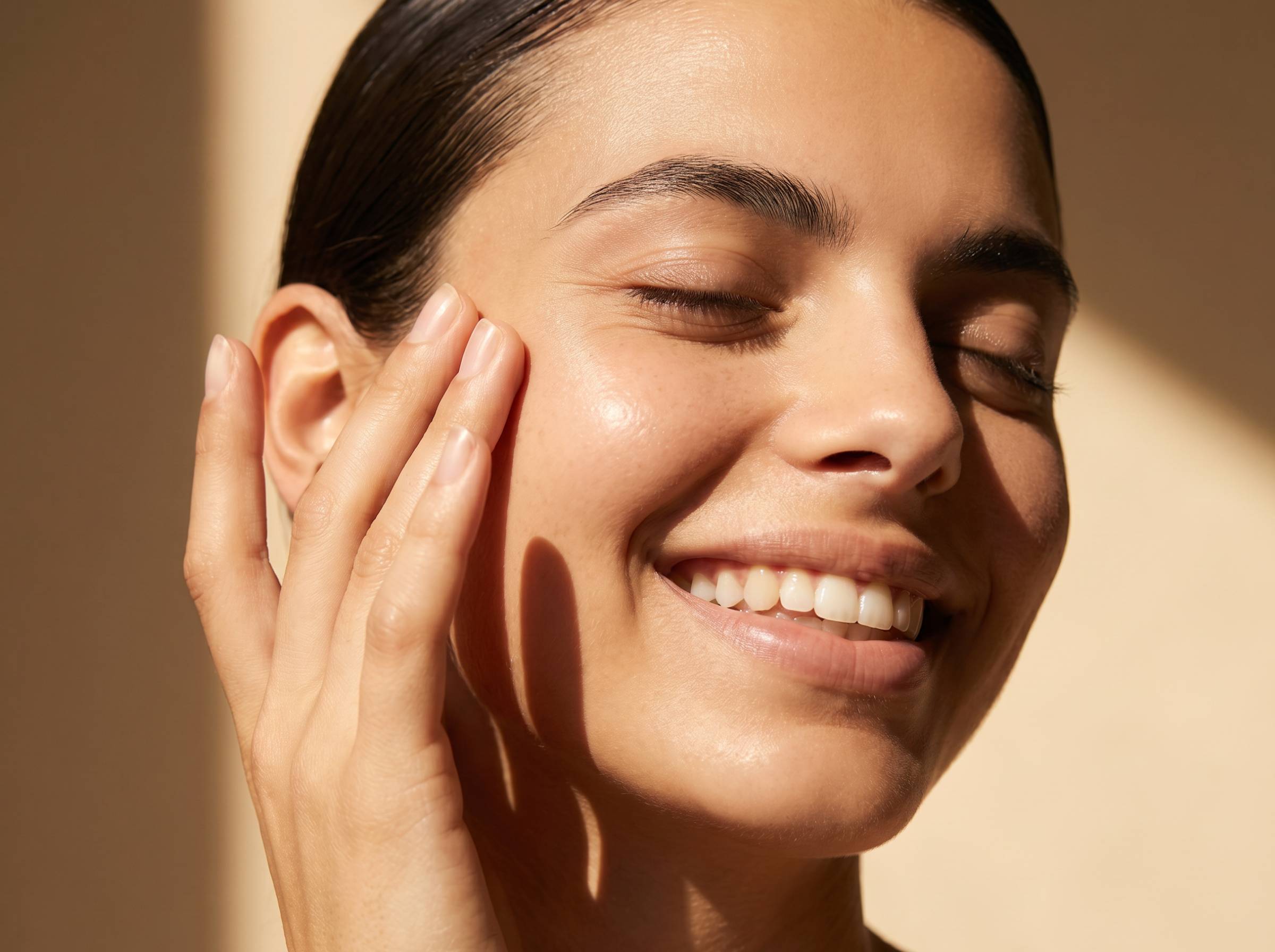 Woman applying cream to her face with a neutral background