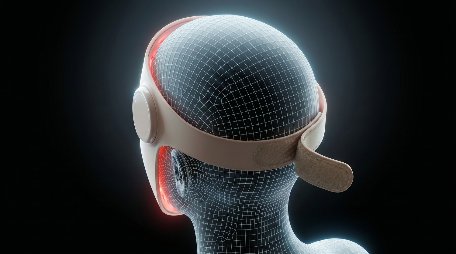 Neural interface device on a digital human head model with glowing red elements.