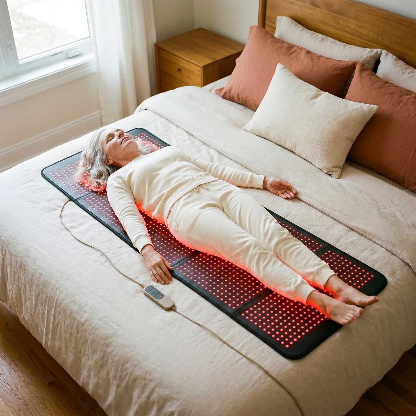 Woman in her mid-50s lying on the glowing red mat on a made bed in warm evening light