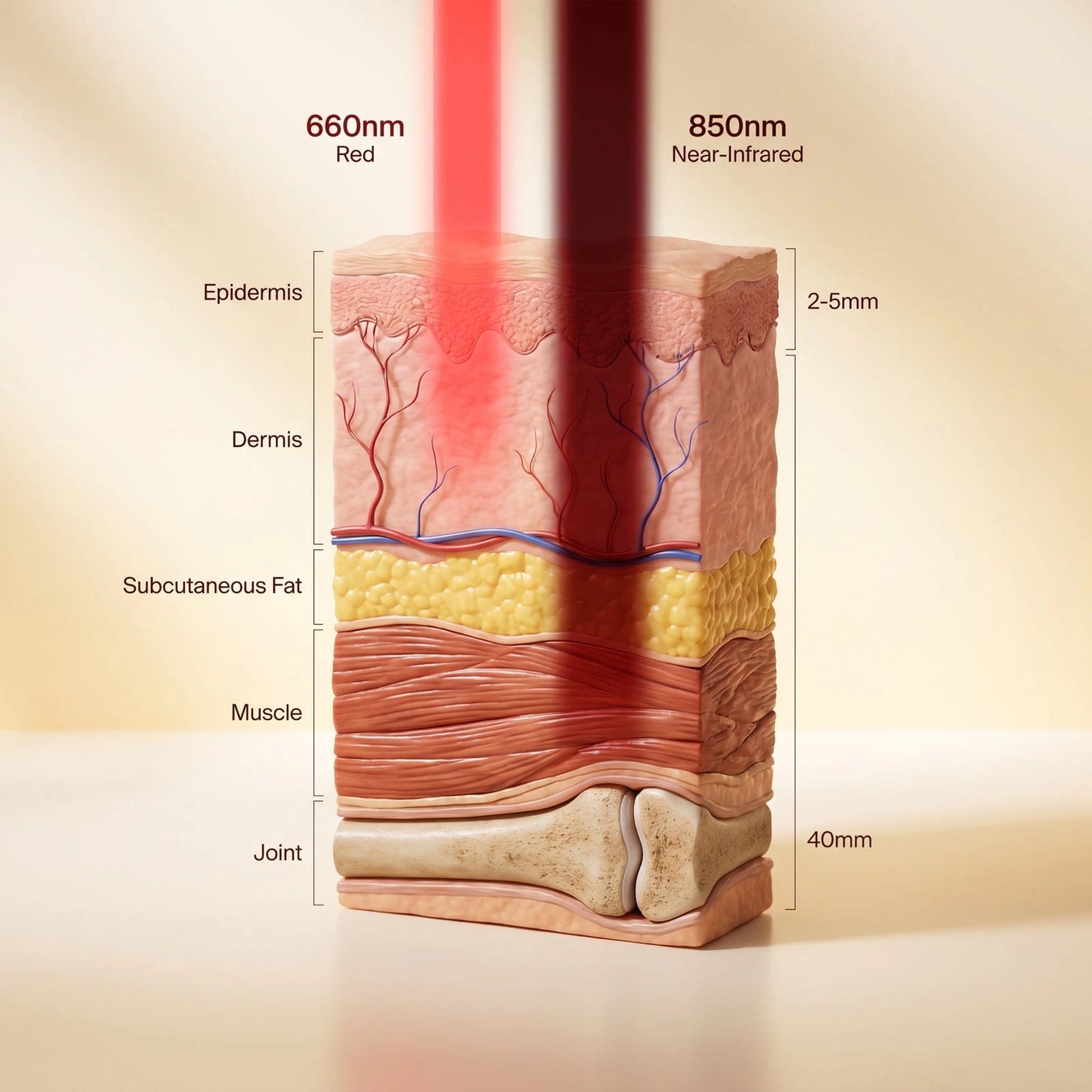 Illustrated cross-section showing 660nm red light reaching 2 to 5mm and 850nm near-infrared reaching about 40mm into muscle and joint