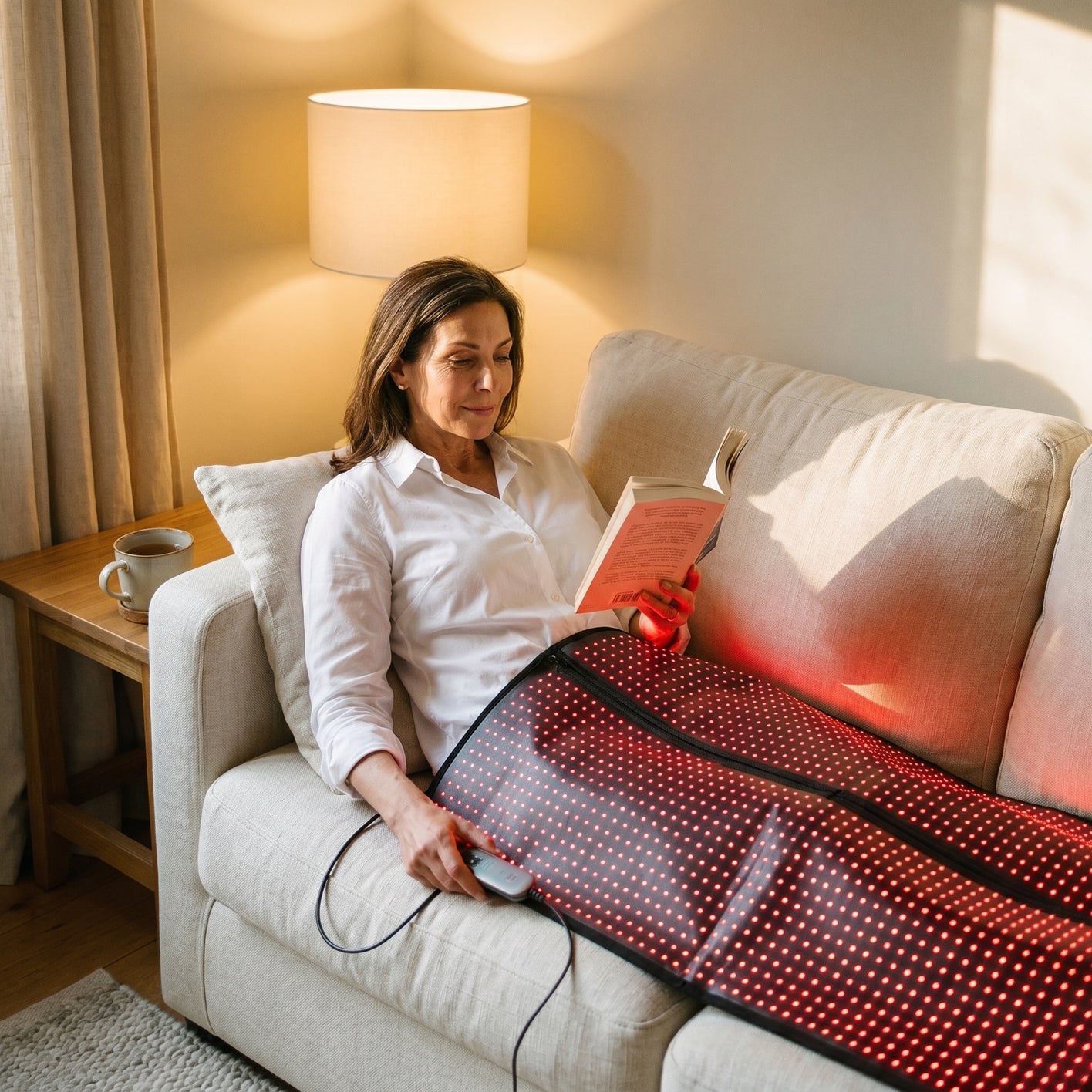 Woman reading on the sofa with the glowing red mat across her lap in warm evening light