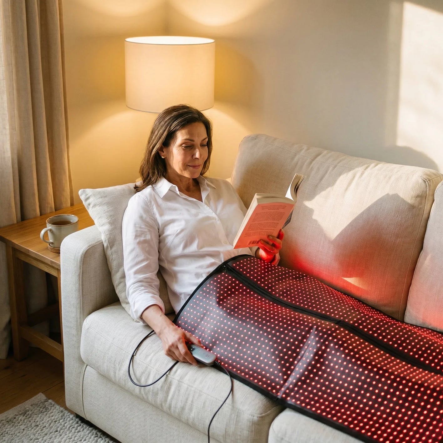 Woman reading on the sofa with the glowing red mat across her lap in warm evening light