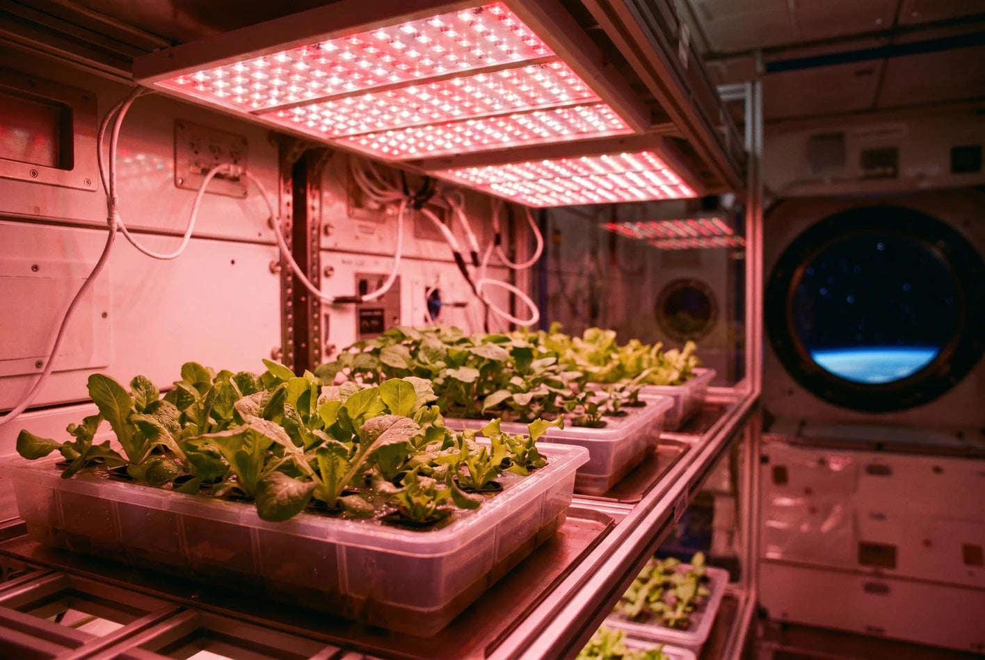 Warm editorial illustration of a red LED panel glowing over seedlings in a greenhouse in space