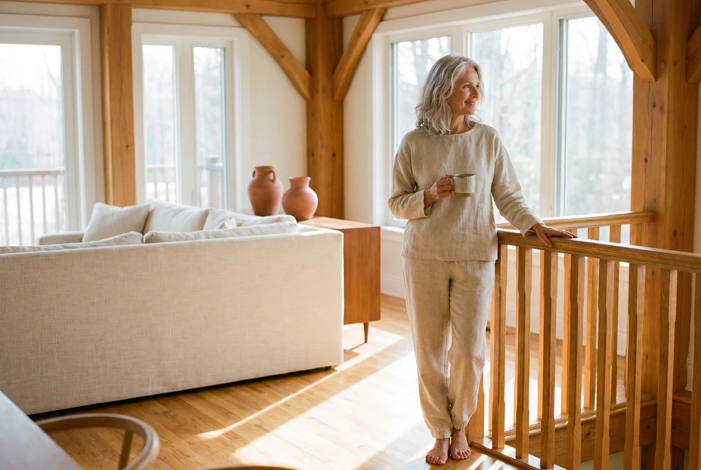 Woman in her mid-50s pausing on her home staircase, hand on the rail, in warm morning light