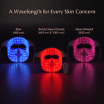 Luscent DualLight red light therapy masks showing 460 nm blue, 665 nm red, 850 nm near-infrared and 1064 nm deep infrared