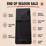 Opened black Luscent infrared sauna blanket with sale details and benefits for heat, recovery, sleep and relaxation