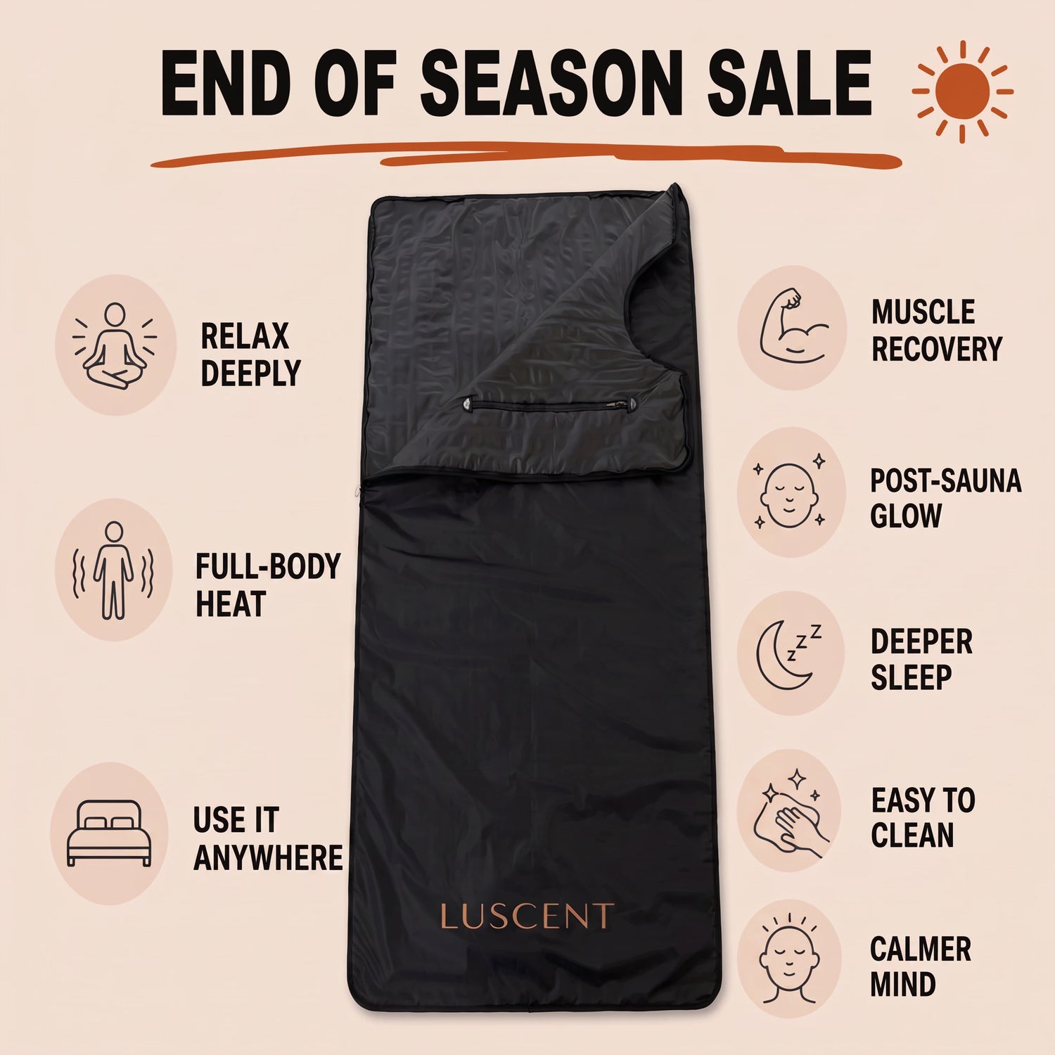 Opened black Luscent infrared sauna blanket with sale details and benefits for heat, recovery, sleep and relaxation