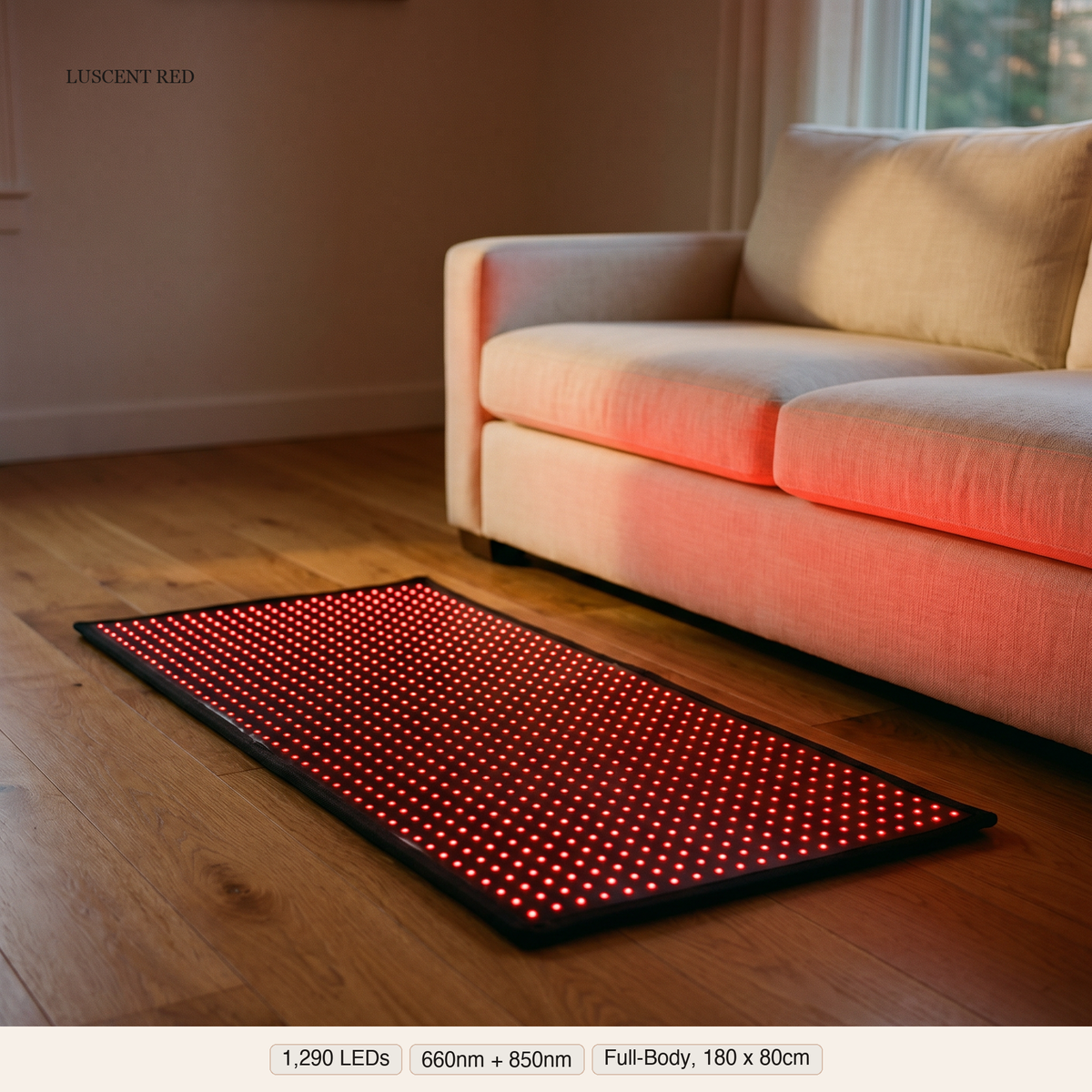 Luscent Red LED mat glowing on a living-room floor