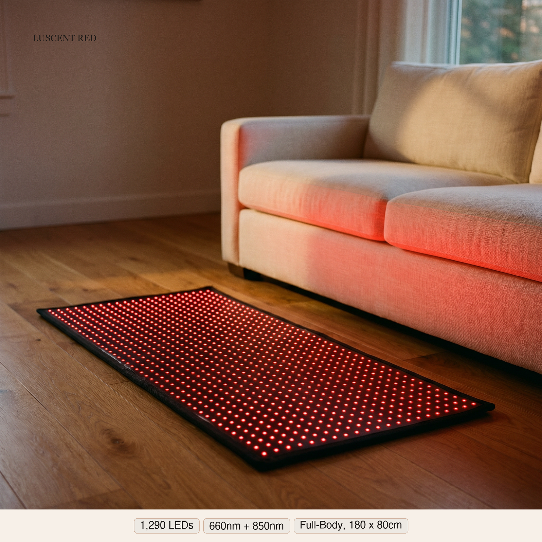 Luscent Red LED mat glowing on a living-room floor