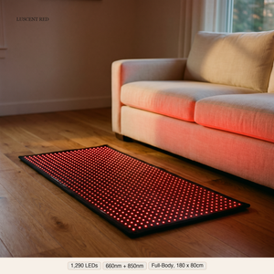 Luscent Red LED mat glowing on a living-room floor