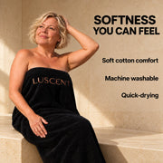 Woman wearing a black Luscent towel insert with soft cotton, machine washable and quick-drying benefits