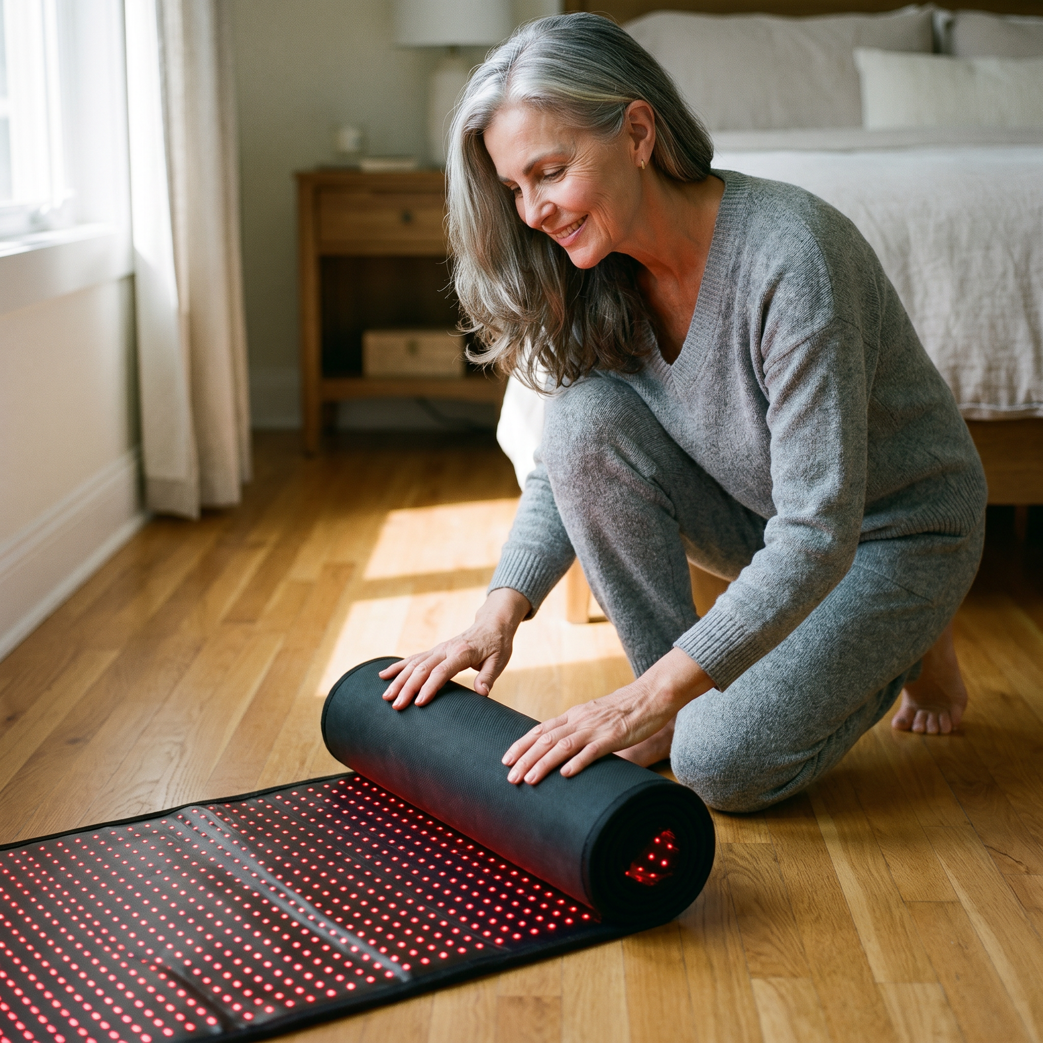 Unroll the Luscent Red mat anywhere flat