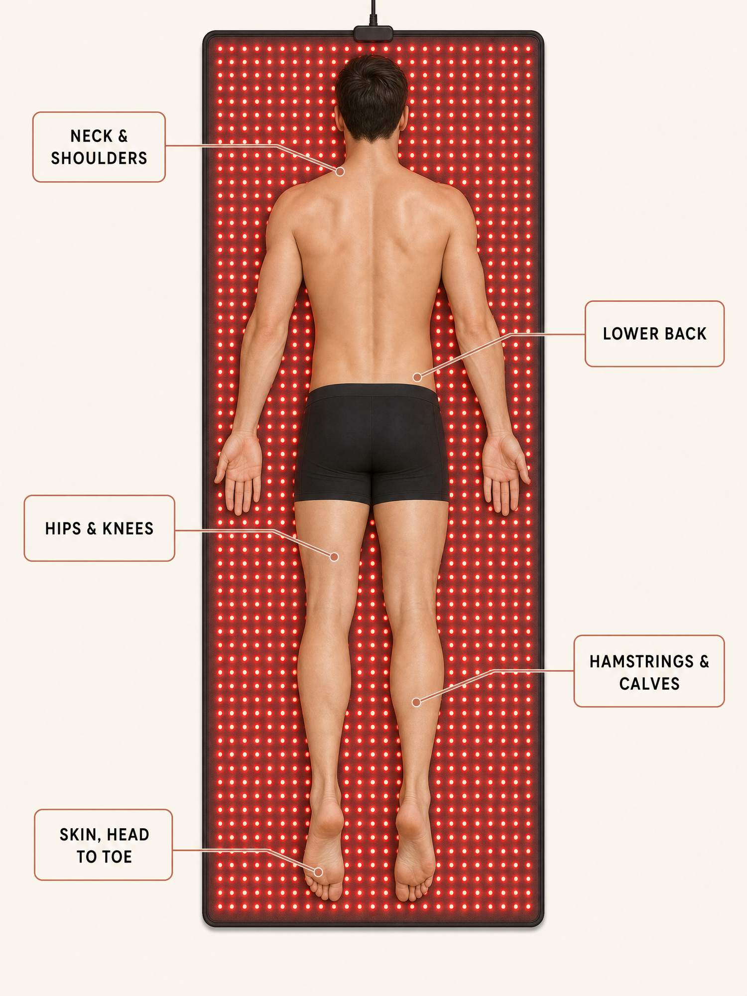 Full-body diagram of a person on the Luscent Red mat with labelled treatment zones
