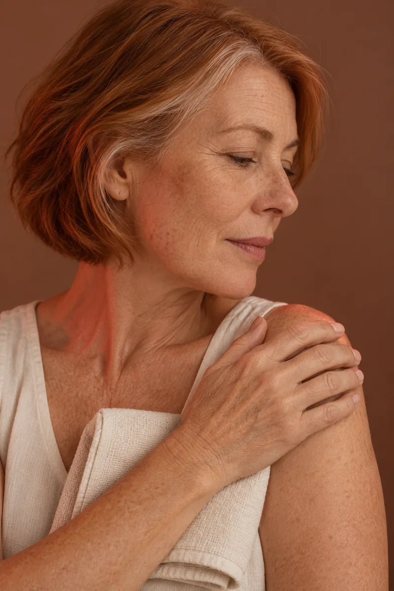 Woman gently supporting her shoulder with a linen towel and soft red light