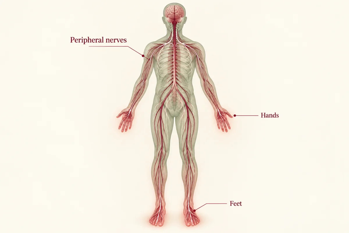 Anatomical illustration of peripheral nerves extending into the hands and feet